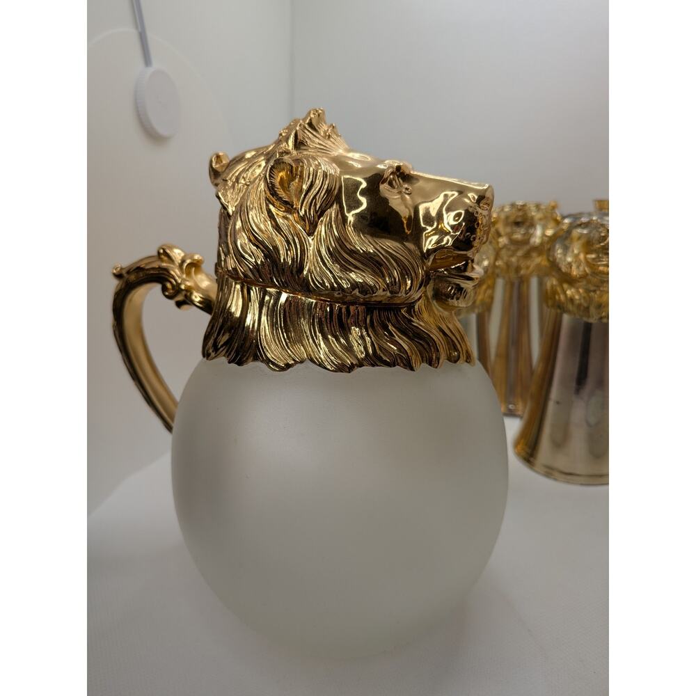Carole Stupell Gold Lion Head Pitcher & 7 Stirrup Cups – Mid-Century Bar Set - Picture 3 of 16